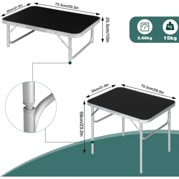 Aluminium Campingtafel, Klaptafel, 75,5x55x25,5/59cm, Tafelblad Van Zwart MDF 3