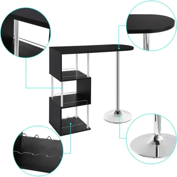 Bartafel, Bartafel, Bistrotafel, Met 3 Planken En Wijnrekken, Metaal, MDF Zwart 5