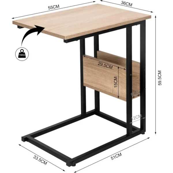 Bijzettafel, Salontafel, Laptoptafel, Gemaakt Van Spaanplaat En Metaal, 55x36x59,5cm (BxDxH) Licht Eiken 3