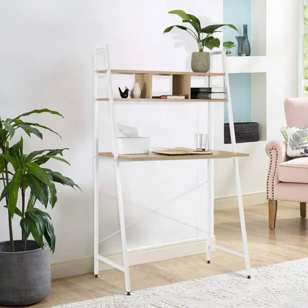 Bureau Kantoormeubel PC Tafel Werktafel Met Plank, Gemaakt Van Hout En Staal Wit Eiken Licht 2