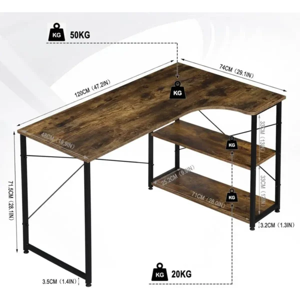 Bureau PC-tafel Kantoortafel Van Hout En Staal, Met Planken, 120x74x71,5 Cm Vintage Bruin + Zwart 3