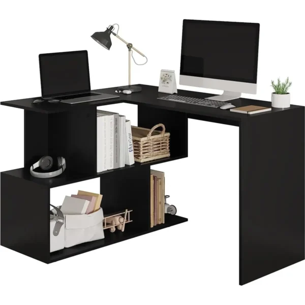 Bureauhoekbureau Werktafel PC-laptoptafel, Met Planken, MDF Zwart 1