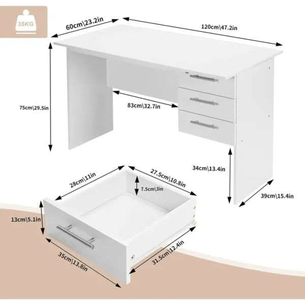 Bureautafel, Met 3 Laden En Slot, Gemaakt Van Hout, 120x59x75cm (BxDxH) Wit 3