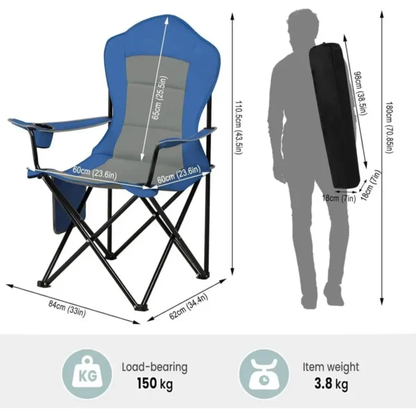 Campingstoelenset Van 2, Lichtgewicht Klapstoel, Voor Buitenkamperen, Barbecue, Vissen, Blauw + Grijs 3