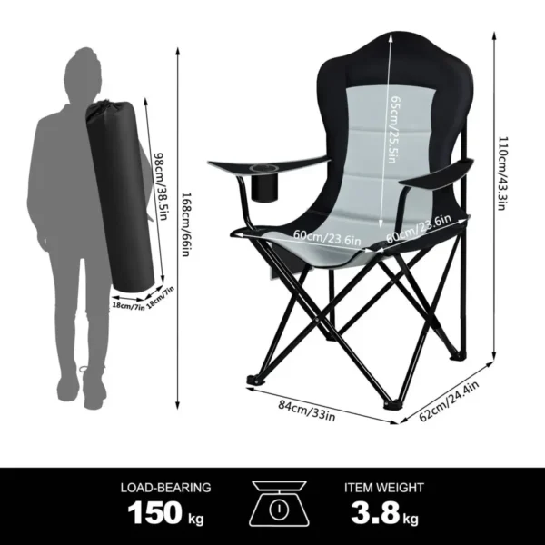 Campingstoelenset Van 2, Lichtgewicht Klapstoel, Voor Buitenkamperen, Barbecue, Vissen, Zwart + Lichtgrijs 3