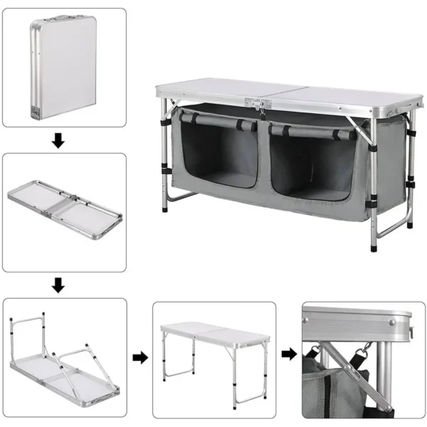 Campingtafel, Campingkast, In Hoogte Verstelbaar Met Opbergruimte, Wit En Grijs 6