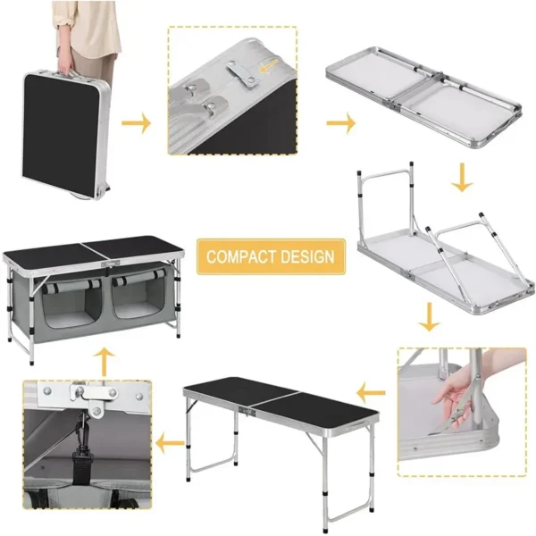 Campingtafel, Campingkast, In Hoogte Verstelbaar Met Opbergruimte, Zwart En Grijs 7