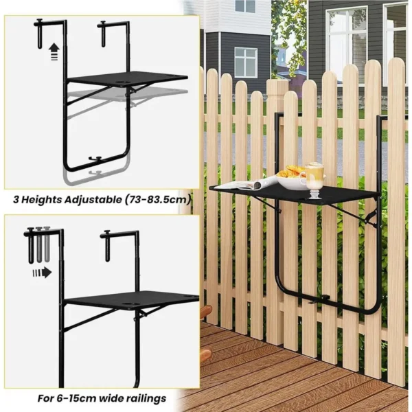 Diferza Balkonhangtafel, Opklapbaar, 3-traps In Hoogte Verstelbaar, Weerbestendig, Zwart 6