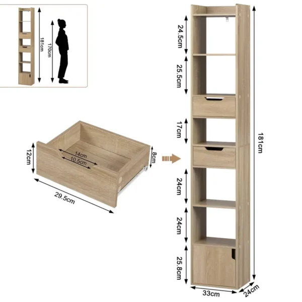 Diferza Boekenkast, Staande Plank, Met 6 Planken, 2 Laden, 1 Deur, Gemaakt Van Licht Eikenhoutmateriaal 3