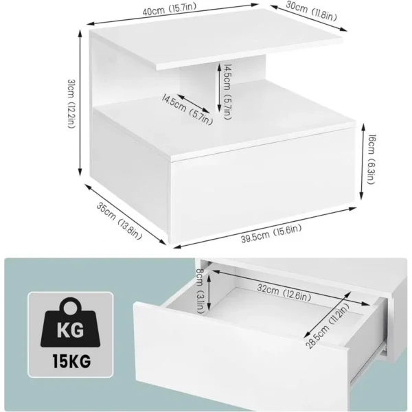 Diferza Hangend Nachtkastje, Wandplank Met Lade, Open Vak, Wit 3