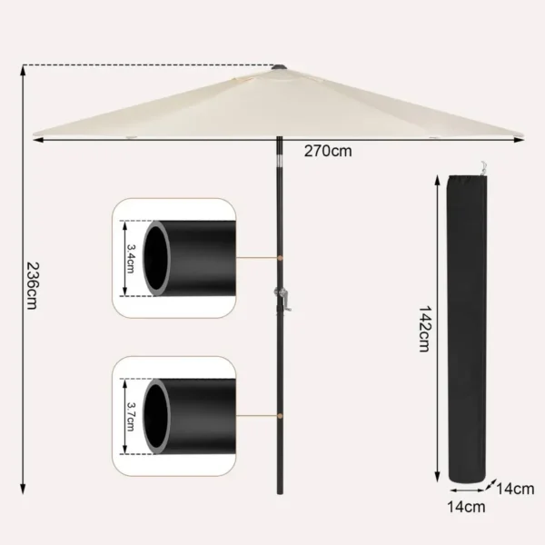 Diferza Parasol, Strandparasol, UV-bestendig, 45° Buigbaar, Handslinger, Zeshoekig Beige 270cm 3