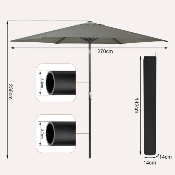 Diferza Parasol, Strandparasol, UV-bestendig, 45° Buigbaar, Handslinger, Zeshoekig Donkergrijs 270cm 3