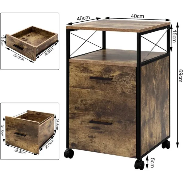 Diferza Rolcontainer, Met 2 Laden, Open Vak, Wielen, Voor A4/briefmappen, Vintage Houtlook 3