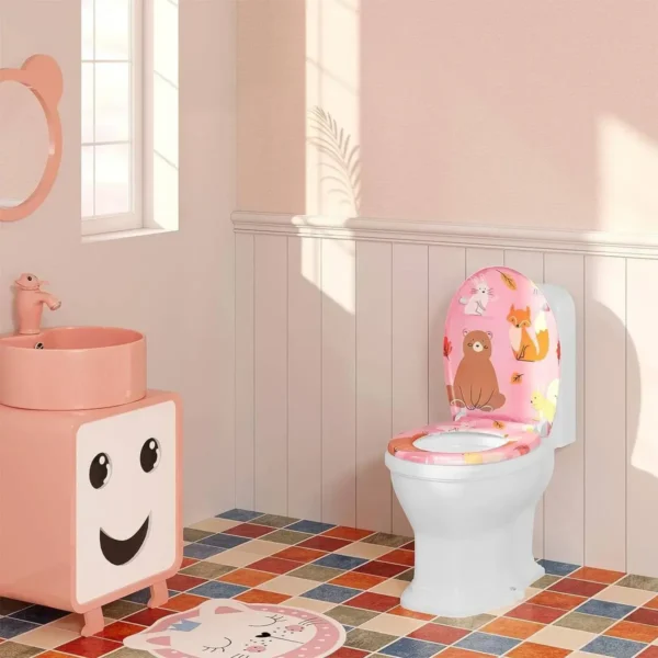 Diferza Toiletdeksel, Toiletbril Met Softclose-mechanisme, Toiletbril, O-vorm, Roze Cartoonpatroon 2