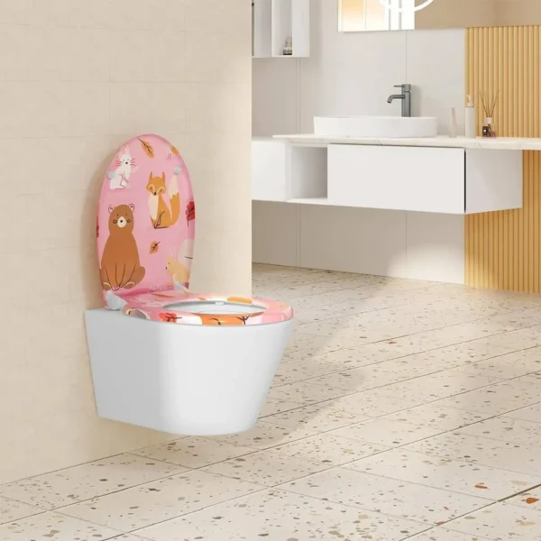 Diferza Toiletdeksel, Toiletbril Met Softclose-mechanisme, Toiletbril, O-vorm, Roze Cartoonpatroon 8