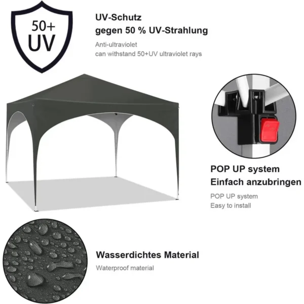 Diferza Vouwtent Pop-up Waterdicht, Zonwering Gemaakt Van Oxford Metalen Frame 3x3m Grijs 5