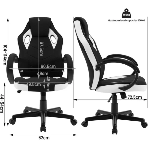 Gamingstoel, Bureaustoel, 150 Kg Draagvermogen, Met Kussen, Meshstof Wit + Zwart 3