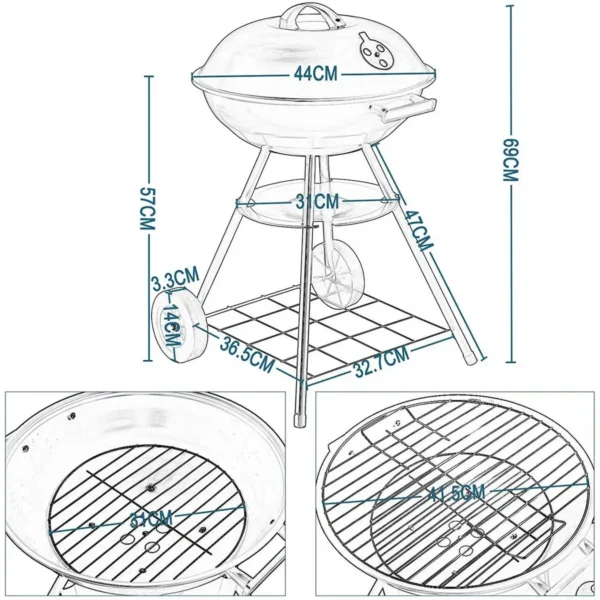 Houtskoolgrill Staande Grill Met Wielen 44 * 73CM, Barbecuerooster, Zwart 3