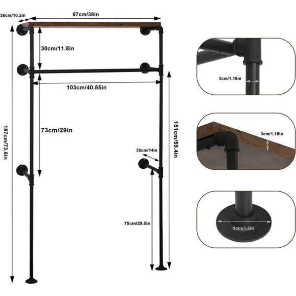 Industriële Kledingroede Wand, Kapstok Voor Inloopkast, 103x187x35cm 3