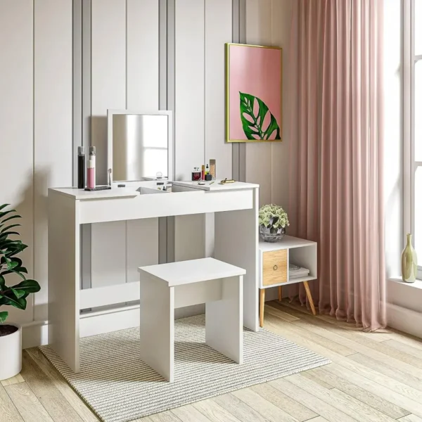 Kaptafel Cosmetische Tafel Met Kruk En Inklapbare Spiegel, Wit 2