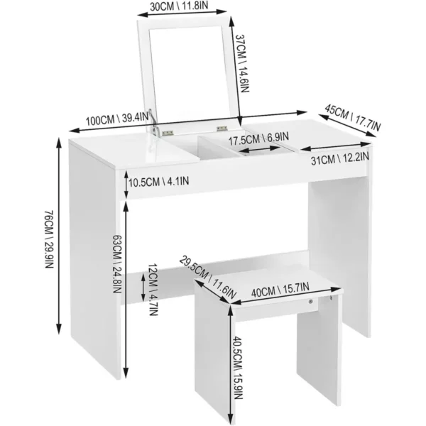 Kaptafel Cosmetische Tafel Met Kruk En Inklapbare Spiegel, Wit 3