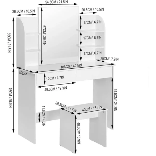 Kaptafel Cosmetische Tafel Met Kruk En Spiegel, Hoogglans Tafelblad Wit 3