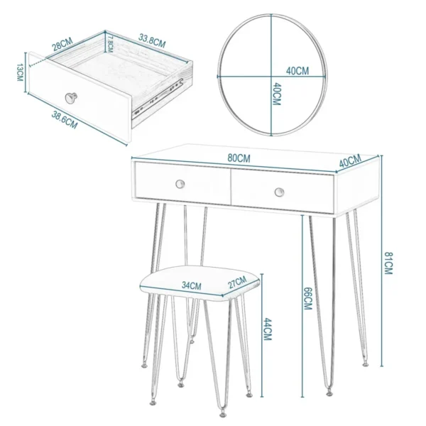 Kaptafel Met Kruk Ronde Spiegel En 2 Lades, Wit+goud 3