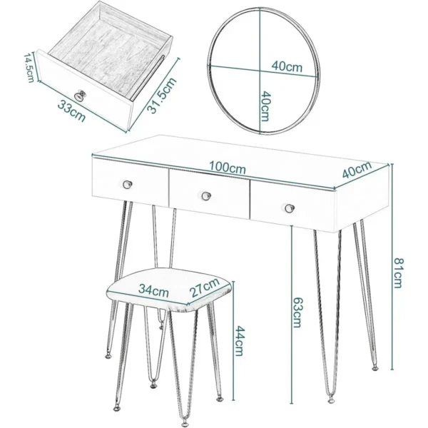 Kaptafel Met Kruk Spiegel Kaptafel En 3 Lades, Wit + Goud 3