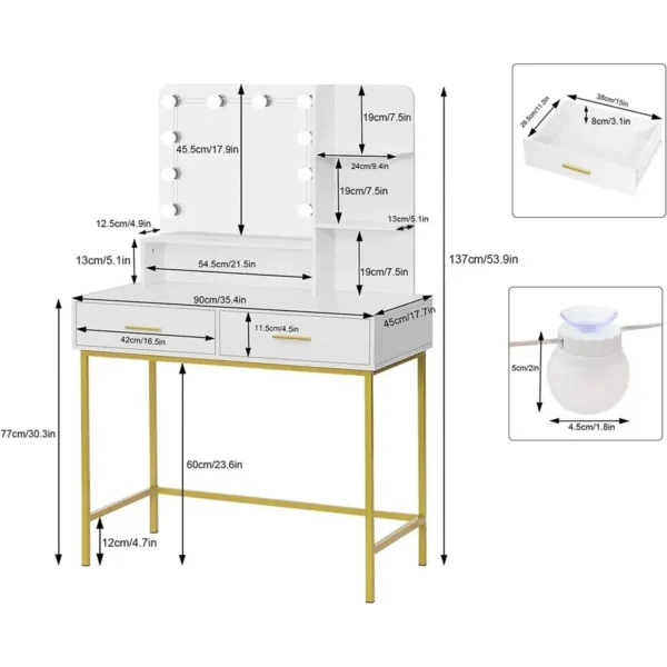 Kaptafel Met LED-verlichting En Spiegel, 90x137x45 Cm, Wit+goud 3