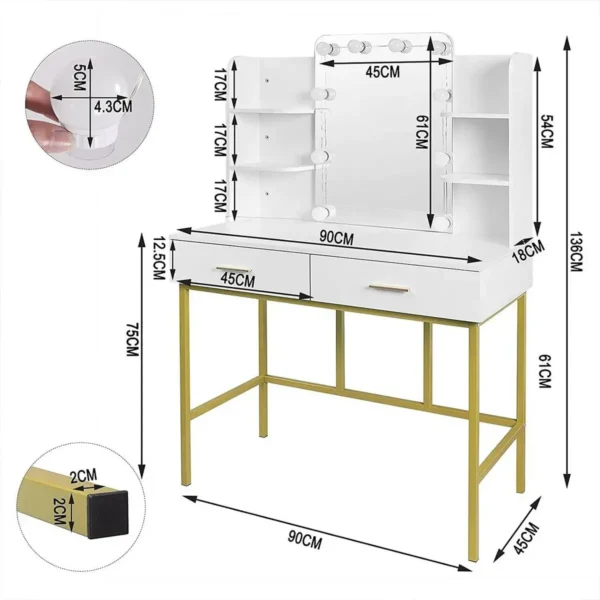 Kaptafel Met Spiegel LED-verlichting, Met 2 Laden Metaal Wit En Goud 3