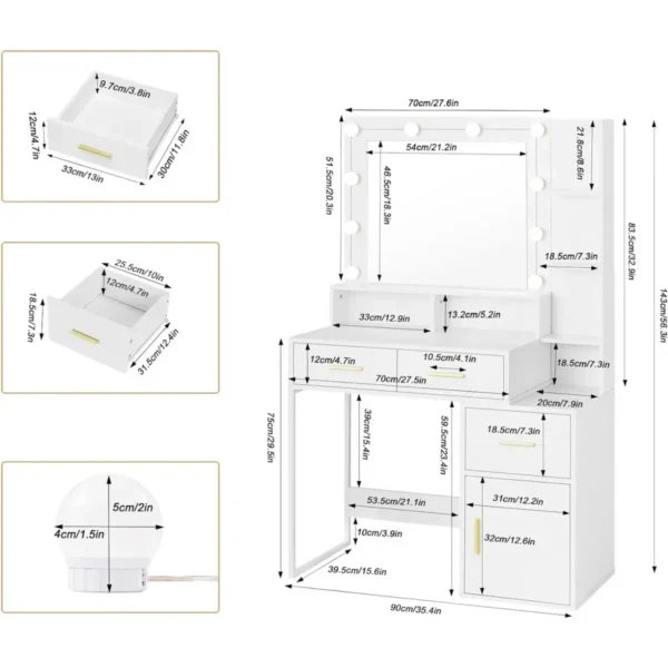 Kaptafel Met Spiegel Met LED-verlichting, 3 Instelbare Helderheidsniveaus, Wit 3