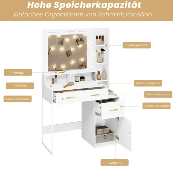 Kaptafel Met Spiegel Met LED-verlichting, 3 Instelbare Helderheidsniveaus, Wit 4