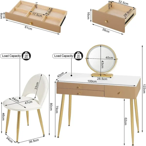 Kaptafel Met Verstelbaar Spiegellicht, 3 Laden, Cosmeticatafel Met Fluwelen Krukje Khaki+Gold 3