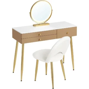 Kaptafel Met Verstelbaar Spiegellicht, 3 Laden, Cosmeticatafel Met Fluwelen Krukje Khaki+Gold 1