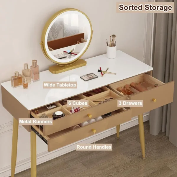 Kaptafel Met Verstelbaar Spiegellicht, 3 Laden, Cosmeticatafel Met Fluwelen Krukje Khaki+Gold 7