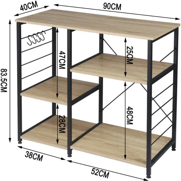 Keukenplank, Staande Plank, Gemaakt Van Hout En Staal, Met 5 Planken, Ca. 90x40x83,5 Cm, Licht Zwart Eiken 3