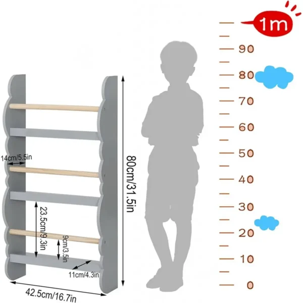 Kinderboekenkast Wandplank Van Grenenhout E1 MDF Met 3 Planken Grijs 4