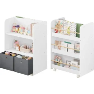 Kinderplank Verplaatsbaar, 2 In 1 Boekenkast, Met Bakken, Op Wielen, Hout, Wit 1