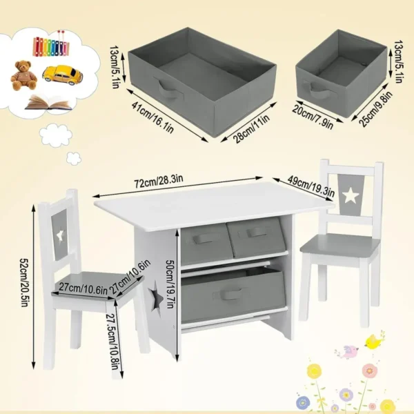 Kindertafel En 2 Stoelen, Kinderzithoek Met Opbergruimte En 3 Opbergmanden 3