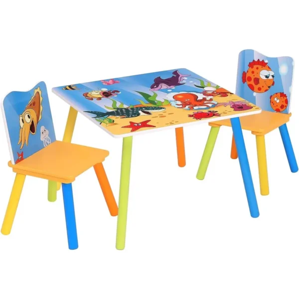 Kindertafel Met 2 Stoelen, Kinderzitgroep Met Zeemotief, Gemaakt Van Massief MDF Hout 2