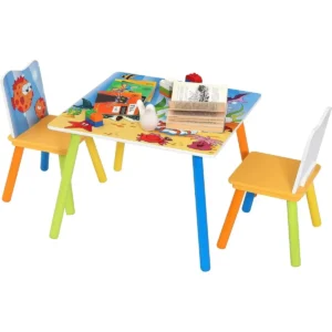 Kindertafel Met 2 Stoelen, Kinderzitgroep Met Zeemotief, Gemaakt Van Massief MDF Hout 1