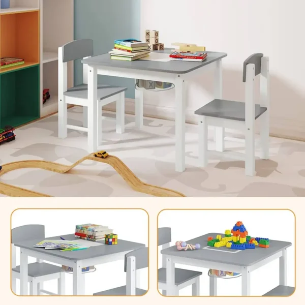 Kindertafel Met 2 Stoelen, Speeltafel Met Omkeerbaar Bouwbord, Kinderzithoek Witgrijs 4