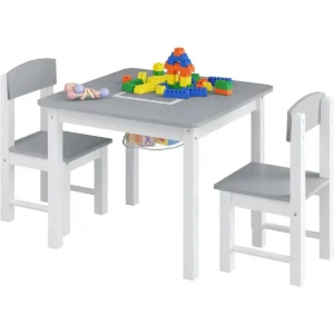 Kindertafel Met 2 Stoelen, Speeltafel Met Omkeerbaar Bouwbord, Kinderzithoek Witgrijs 1