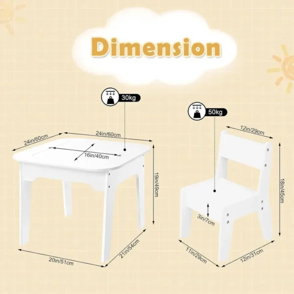 Kinderzitgroep Met Opbergruimte, Kindertafel Met 2 Stoelen, Dubbelzijdig Tafelblad, Wit 3