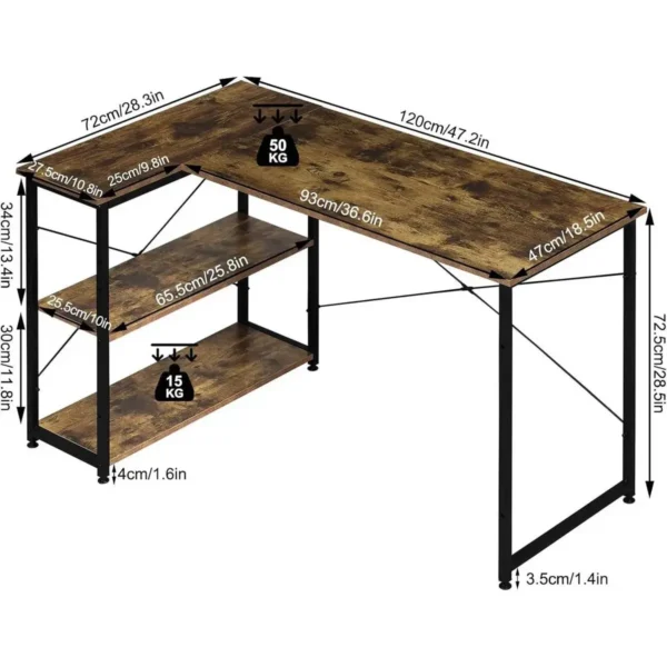 Klihome Bureau L-vorm, Computerbureau Met Plank, Opbergruimte, Houtmateriaal Metaal Vintage Bruin + Zwart 3