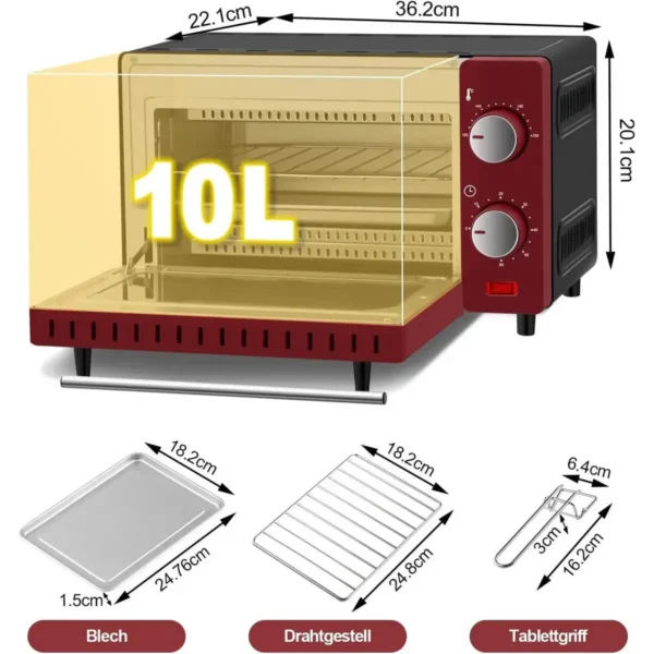 Mini-oven 10 Liter, 650 Watt Broodroosteroven, 100-230 °C, 60 Minuten Rood + Zwart 3