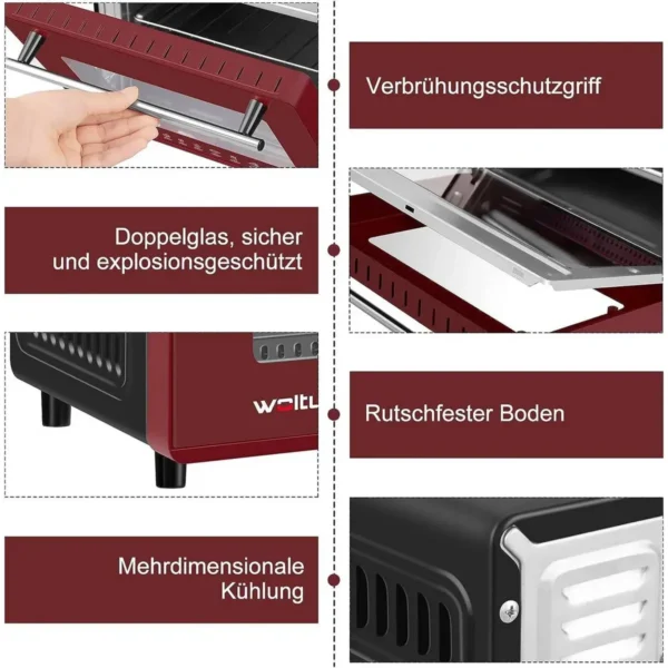 Mini-oven 10 Liter, 650 Watt Broodroosteroven, 100-230 °C, 60 Minuten Rood + Zwart 5