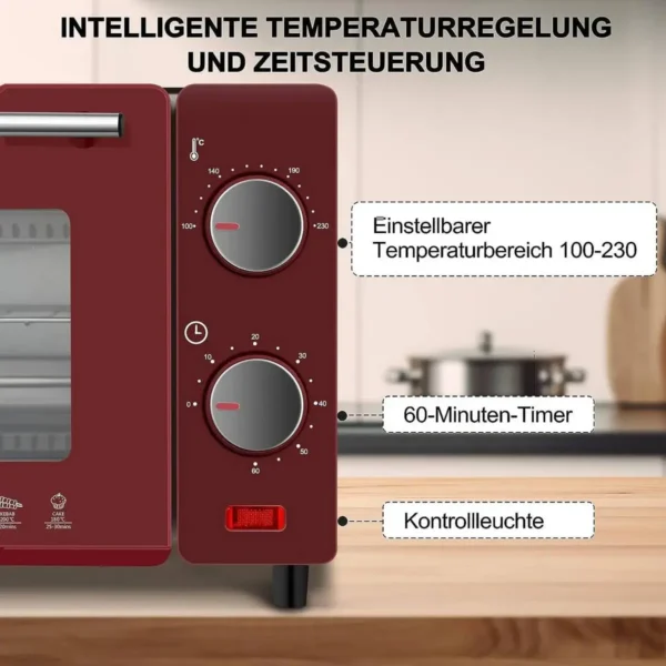 Mini-oven 10 Liter, 650 Watt Broodroosteroven, 100-230 °C, 60 Minuten Rood + Zwart 6