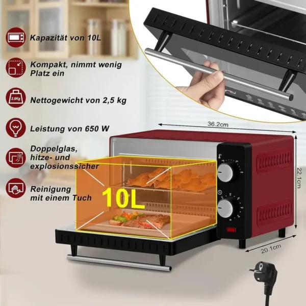 Mini-oven 10 Liter, 650 Watt Broodroosteroven Pizzaoven Bakplaat Met Timer Rood 4