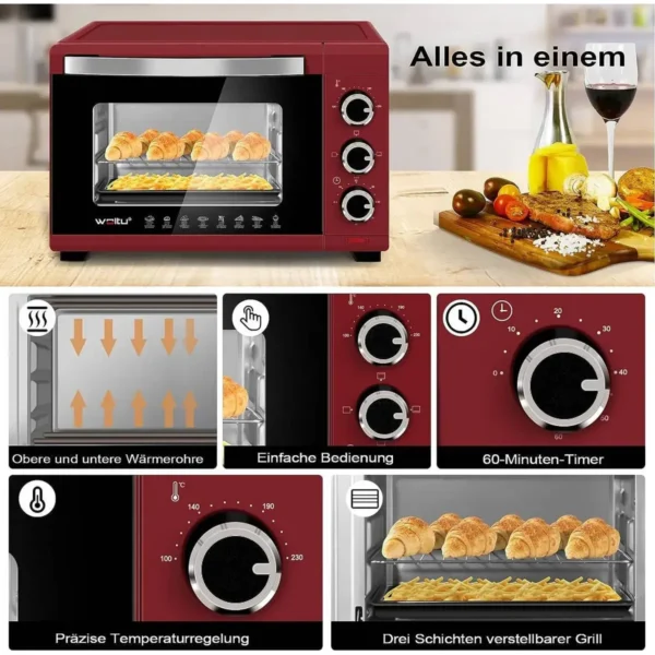 Mini-oven 21 L, 1280 W, 100-230 °C, Timer 60 Minuten, Boven-/onderwarmte, Dubbel Glas Rood 4